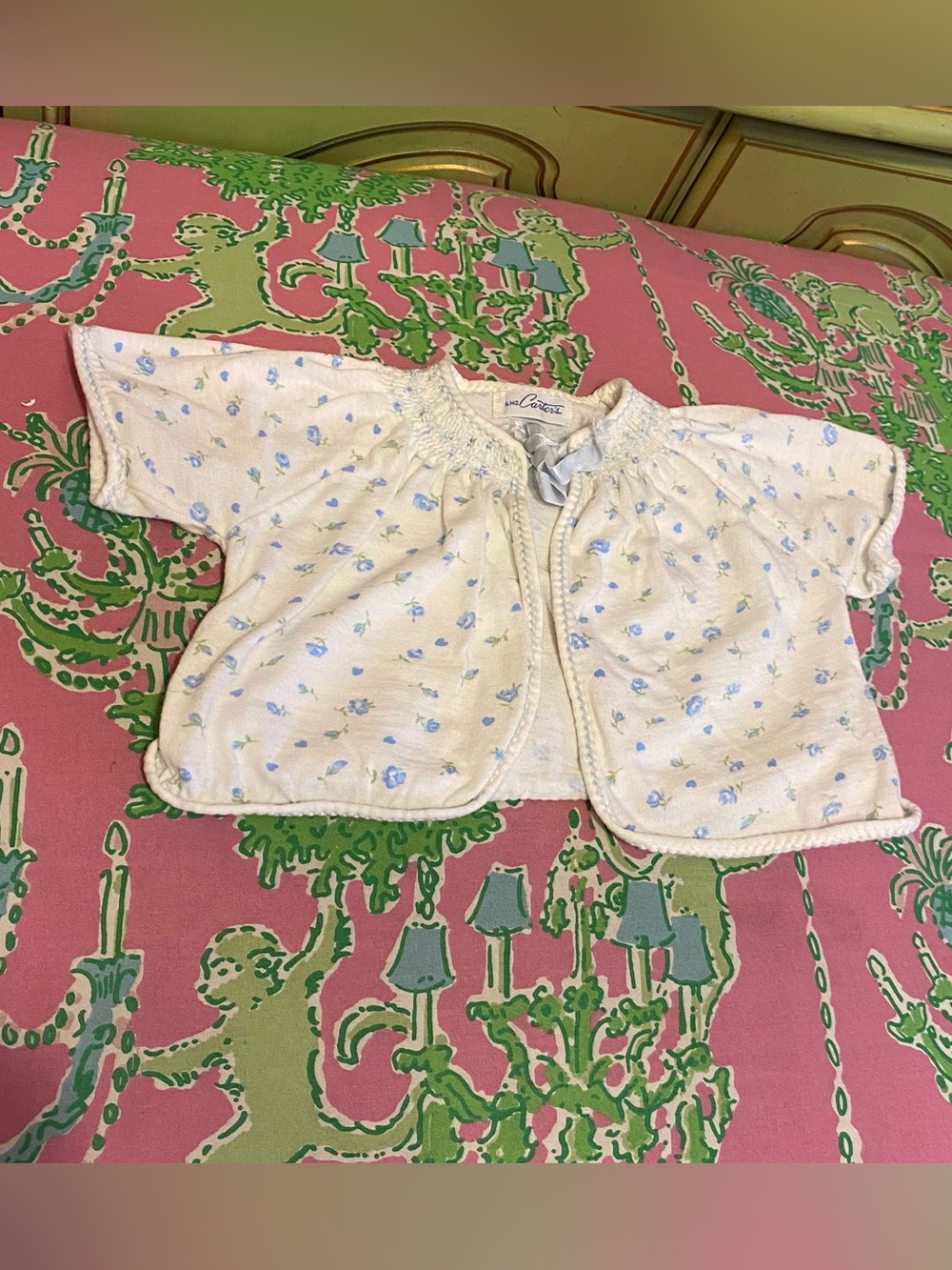 Vintage Antique Carter's baby white blue floral ribbon tie cardigan size 6 month